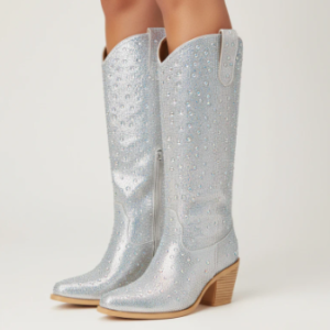 🐎The Stardust – Crystal-Covered Silver Tall Cowgirl Boots
